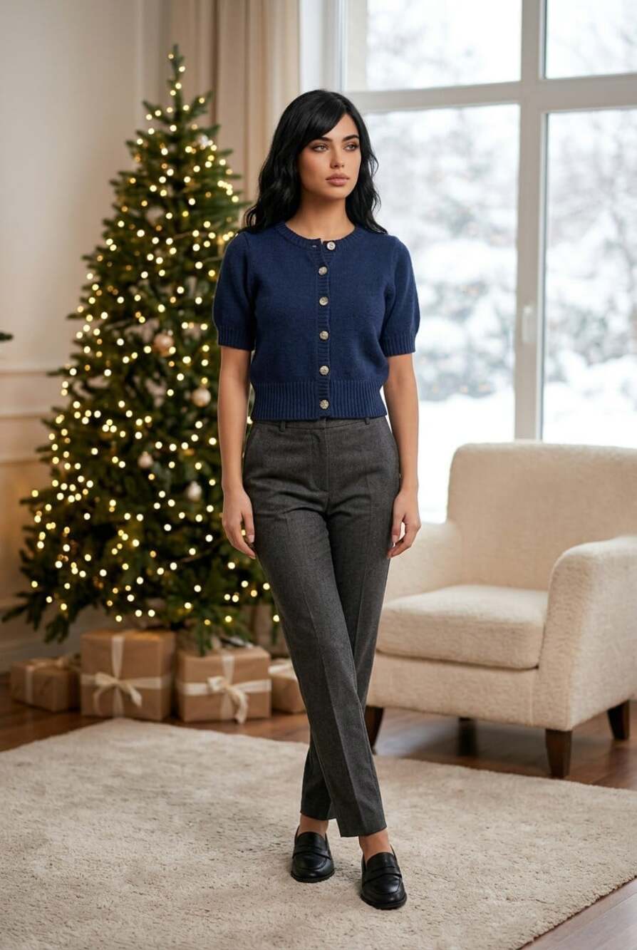 St. John's Bay Cardigan Sweater Knit Navy Blue Cotton Blend Short Sleeve Preppy